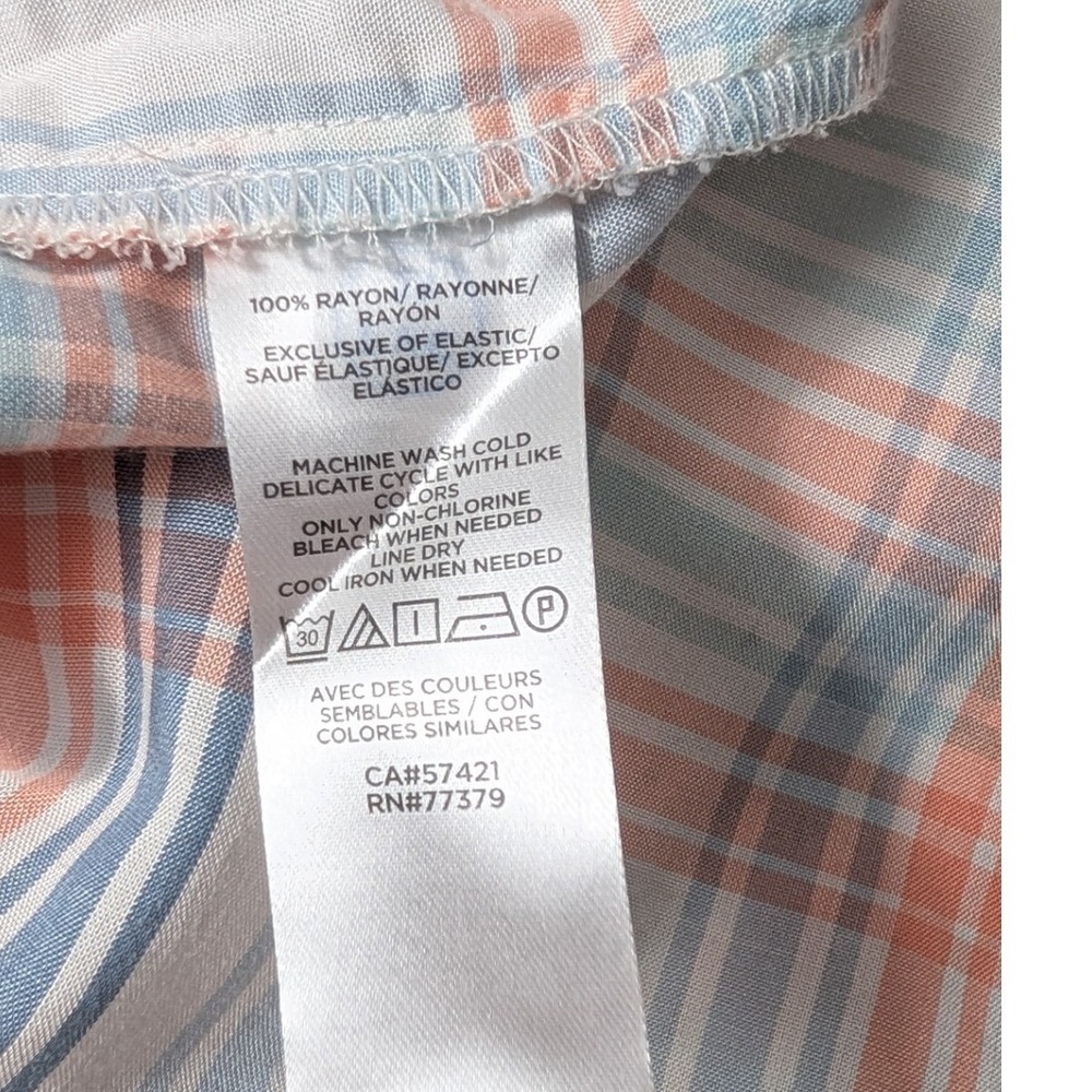 Ann Taylor Blouse Women Medium White Blue Orange Plaid Smocked Long Sleeve - Picture 6 of 8